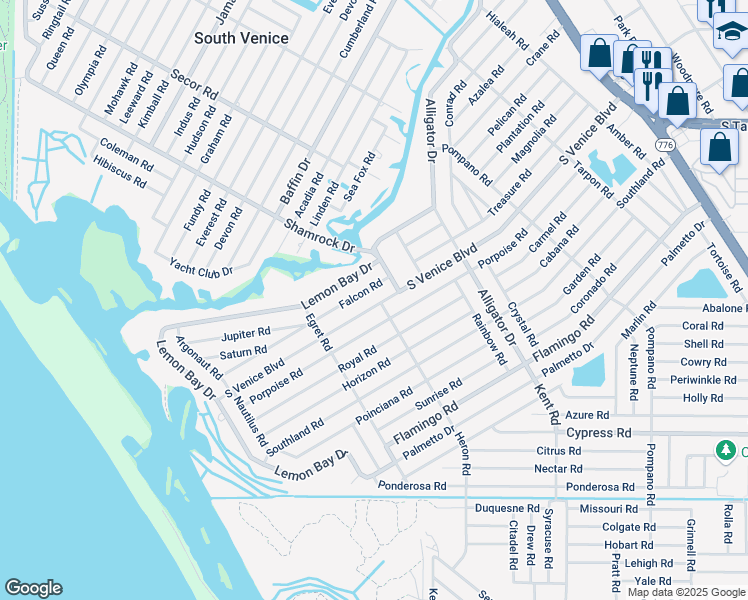 map of restaurants, bars, coffee shops, grocery stores, and more near 1100 Falcon Road in Venice