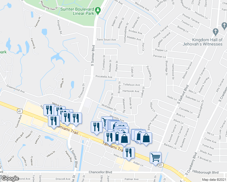 map of restaurants, bars, coffee shops, grocery stores, and more near 5165 Brophy Street in North Port