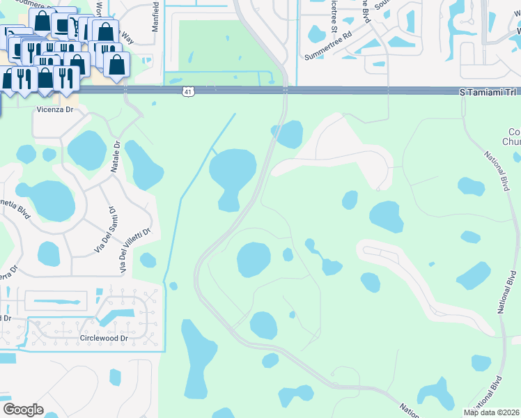 map of restaurants, bars, coffee shops, grocery stores, and more near 10100 Cozy Grove Drive in Venice