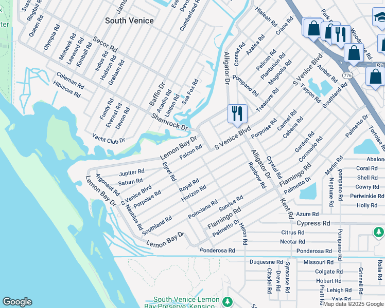 map of restaurants, bars, coffee shops, grocery stores, and more near 1100 Falcon Road in Venice