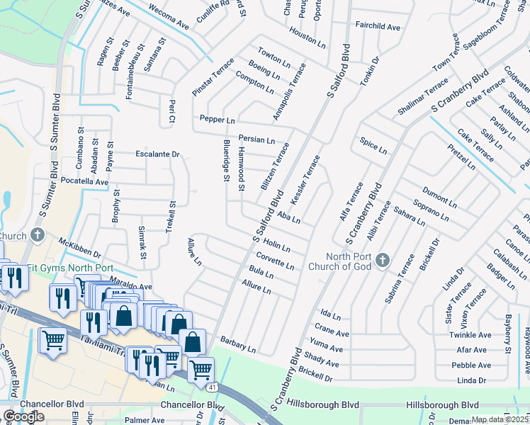 map of restaurants, bars, coffee shops, grocery stores, and more near 4067 Aba Lane in North Port