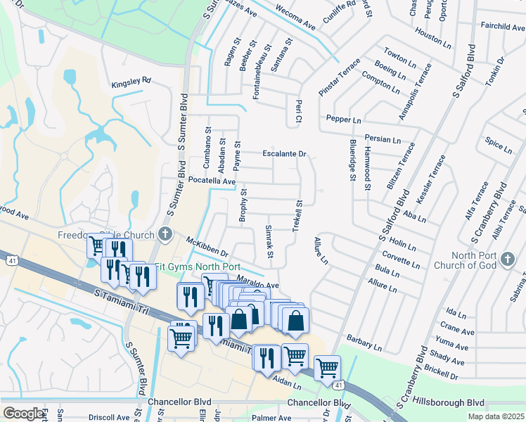 map of restaurants, bars, coffee shops, grocery stores, and more near 4470 Hartsook Avenue in North Port