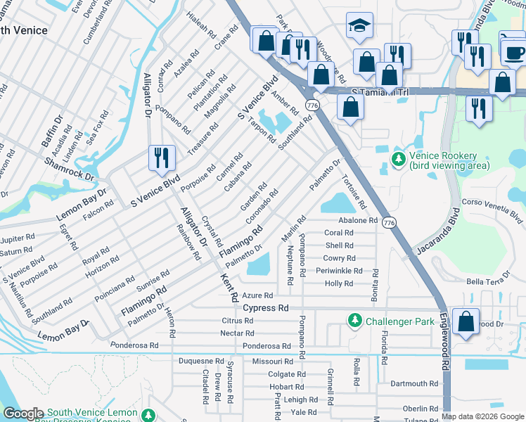map of restaurants, bars, coffee shops, grocery stores, and more near 370 Flamingo Road in Venice