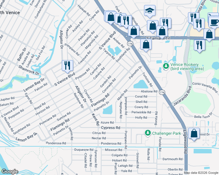 map of restaurants, bars, coffee shops, grocery stores, and more near 370 Flamingo Road in Venice