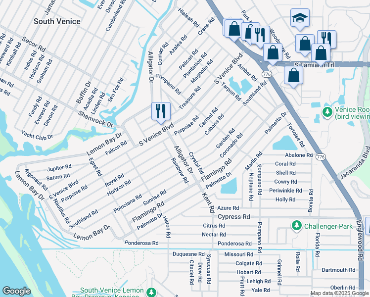 map of restaurants, bars, coffee shops, grocery stores, and more near 4520 Crystal Road in Venice