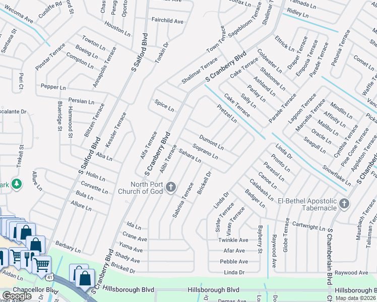 map of restaurants, bars, coffee shops, grocery stores, and more near 4404 San Luis Terrace in North Port