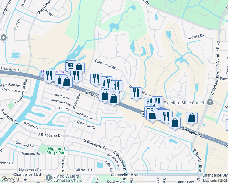 map of restaurants, bars, coffee shops, grocery stores, and more near 5701 Espanola Avenue in North Port