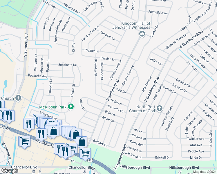 map of restaurants, bars, coffee shops, grocery stores, and more near 4067 Aba Lane in North Port