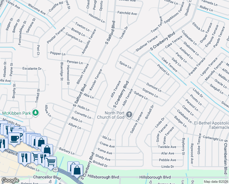 map of restaurants, bars, coffee shops, grocery stores, and more near 4583 Alfa Terrace in North Port