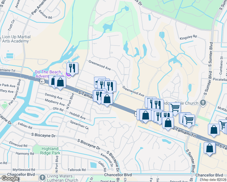 map of restaurants, bars, coffee shops, grocery stores, and more near 5652 Espanola Avenue in North Port