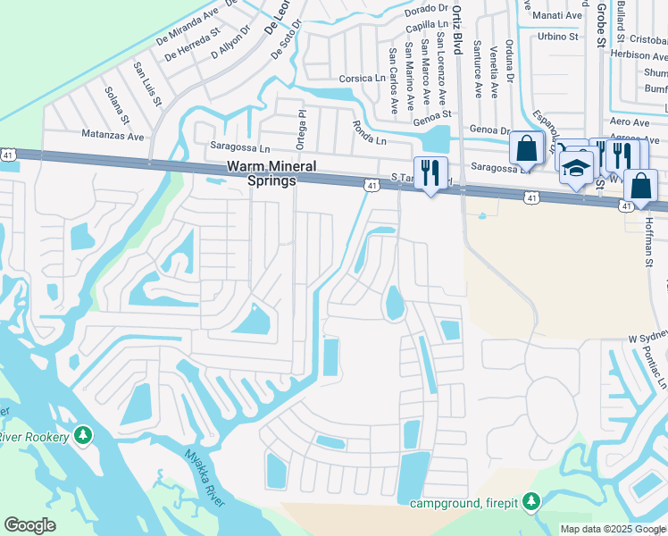 map of restaurants, bars, coffee shops, grocery stores, and more near 303 Marlette Drive in North Port