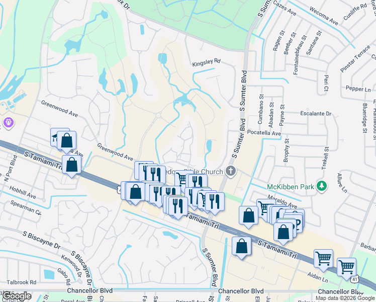 map of restaurants, bars, coffee shops, grocery stores, and more near 5748 Niblick Place in North Port
