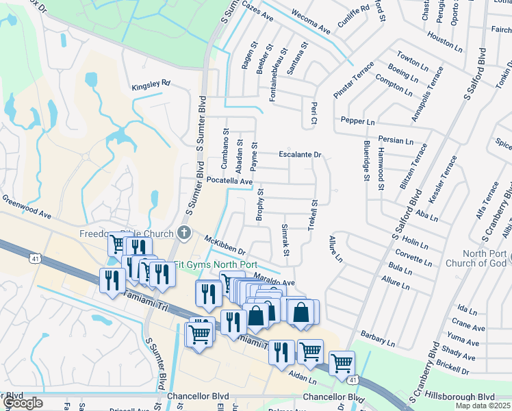 map of restaurants, bars, coffee shops, grocery stores, and more near 5165 Brophy Street in North Port