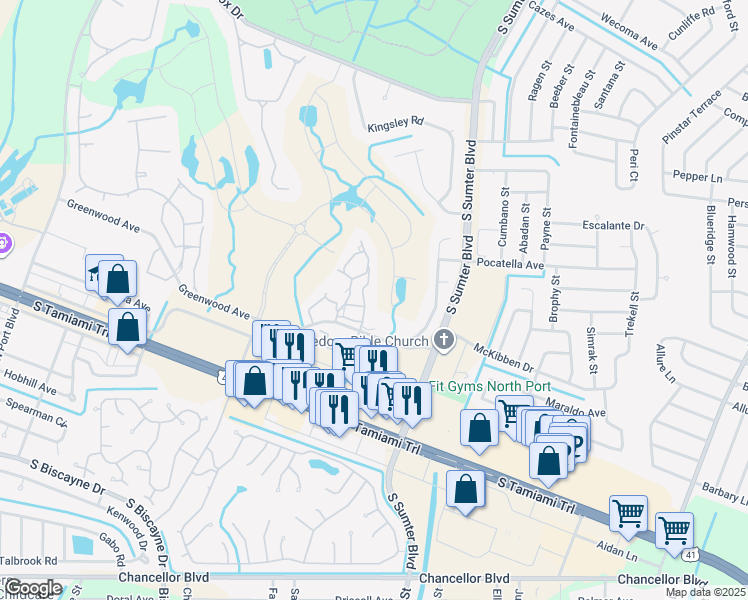 map of restaurants, bars, coffee shops, grocery stores, and more near 5748 Niblick Circle in North Port