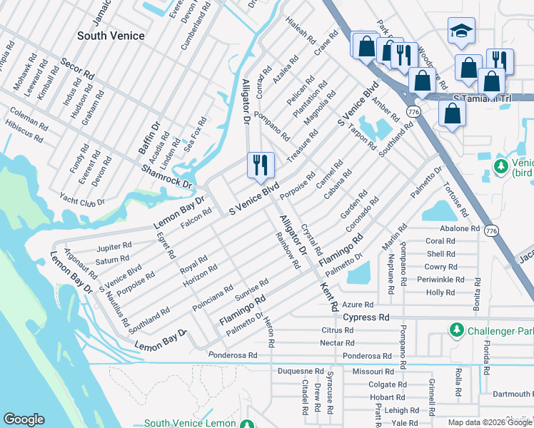 map of restaurants, bars, coffee shops, grocery stores, and more near 4507 Rainbow Road in Venice
