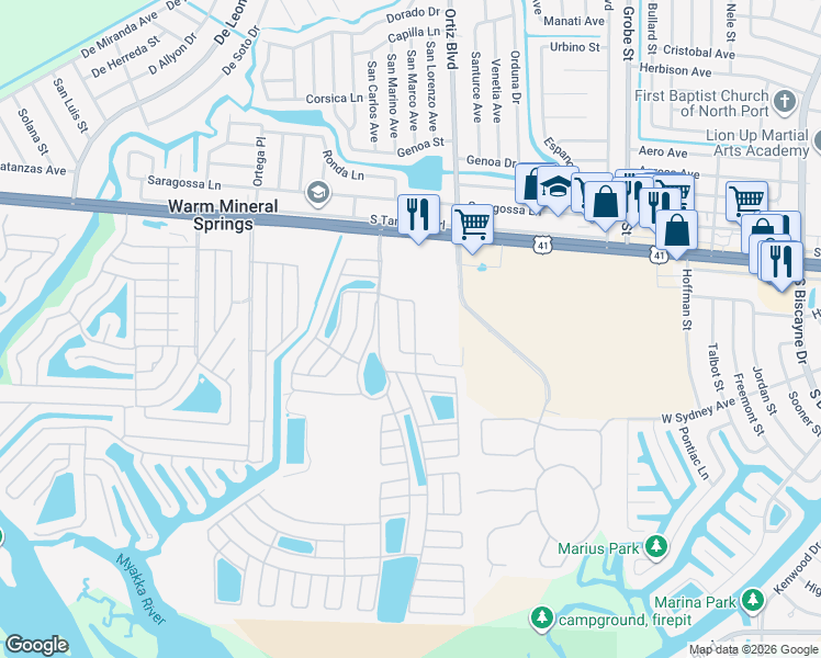 map of restaurants, bars, coffee shops, grocery stores, and more near 250 Vistoria Drive in North Port