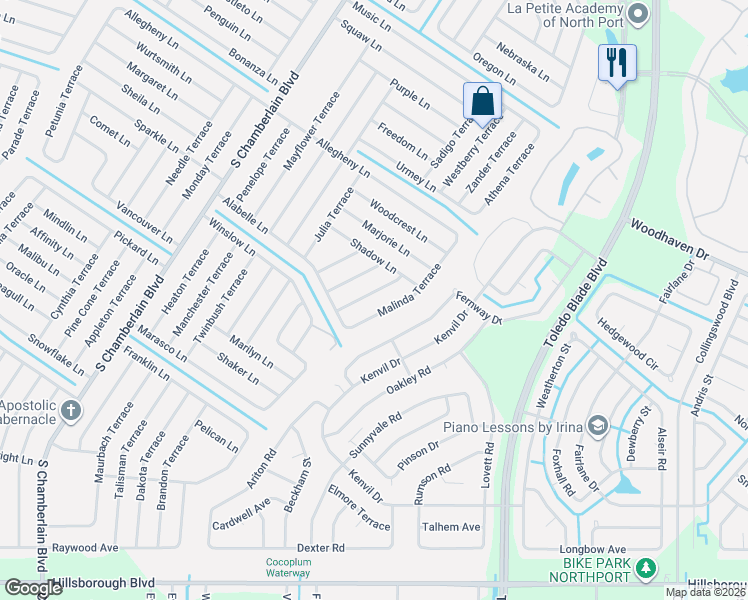 map of restaurants, bars, coffee shops, grocery stores, and more near 3491 Malinda Terrace in North Port