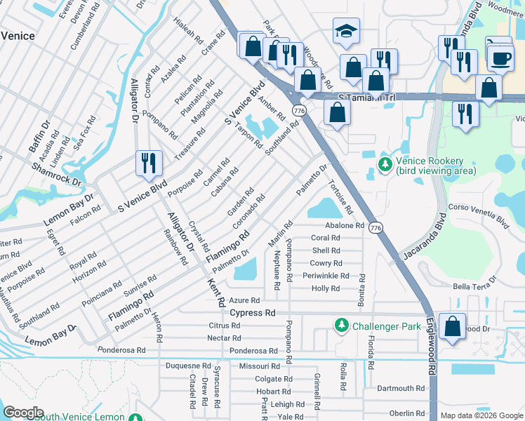 map of restaurants, bars, coffee shops, grocery stores, and more near 370 Flamingo Road in Venice