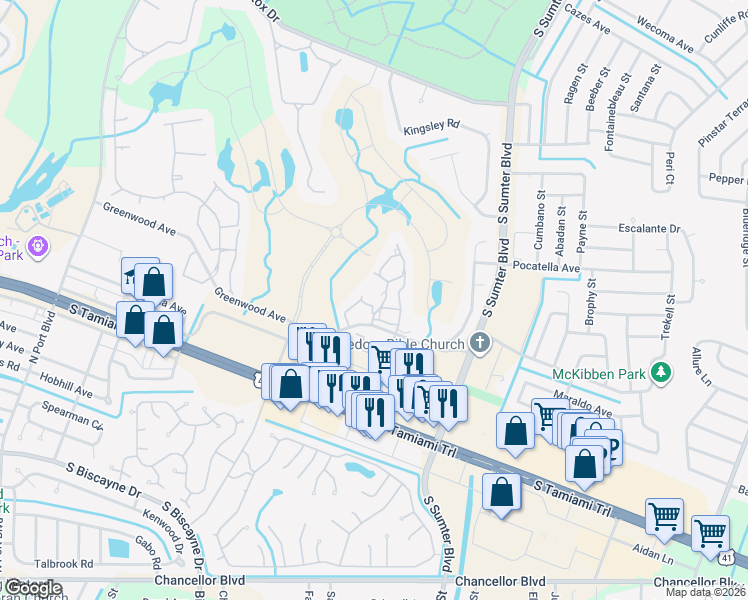 map of restaurants, bars, coffee shops, grocery stores, and more near 5624 Mashie Circle in North Port