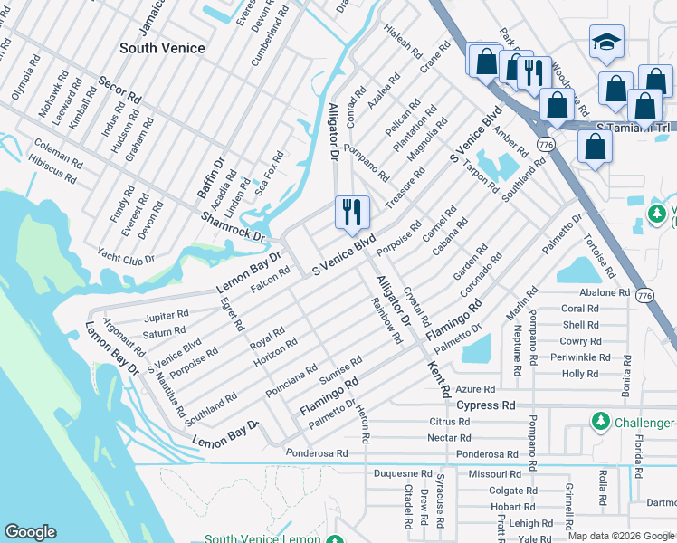 map of restaurants, bars, coffee shops, grocery stores, and more near 870 Porpoise Road in Venice