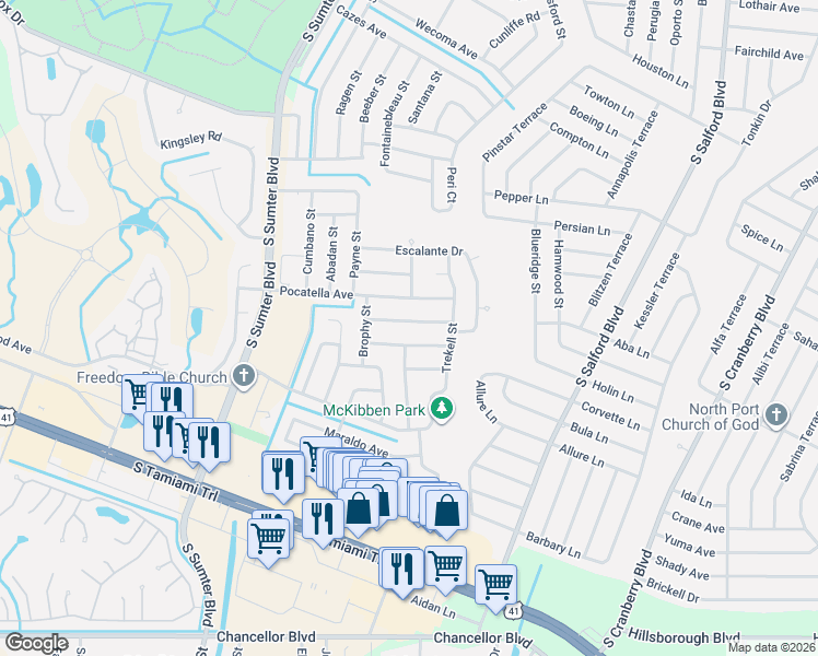map of restaurants, bars, coffee shops, grocery stores, and more near 4470 Hartsook Avenue in North Port