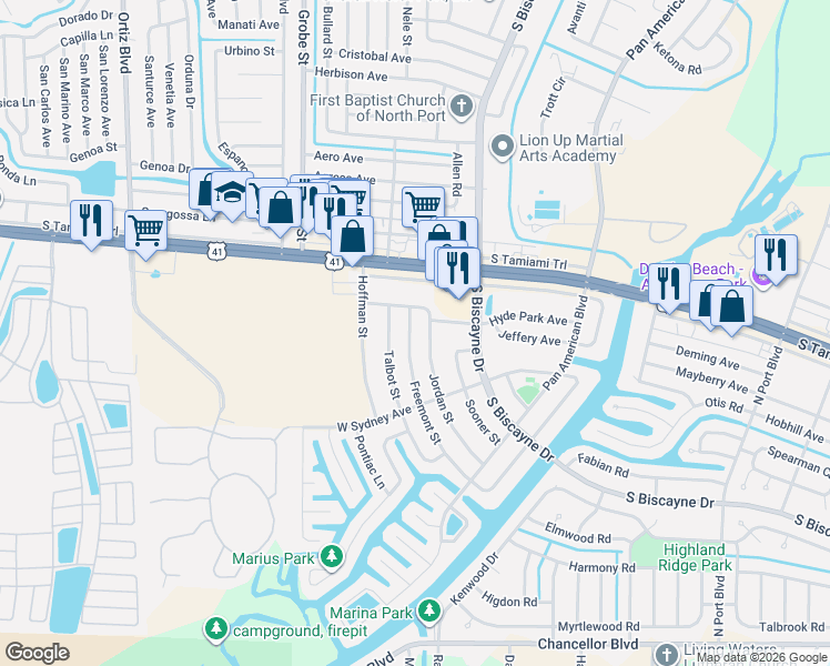 map of restaurants, bars, coffee shops, grocery stores, and more near 6148 Talbot Street in North Port