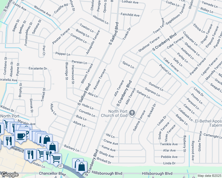 map of restaurants, bars, coffee shops, grocery stores, and more near 4526 Maccaughey Drive in North Port