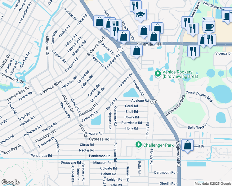 map of restaurants, bars, coffee shops, grocery stores, and more near 271 Palmetto Drive in Venice