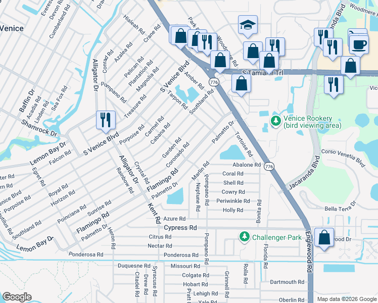 map of restaurants, bars, coffee shops, grocery stores, and more near 370 Flamingo Road in Venice