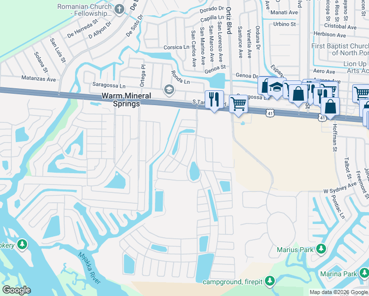 map of restaurants, bars, coffee shops, grocery stores, and more near 231 Estrada Street in North Port