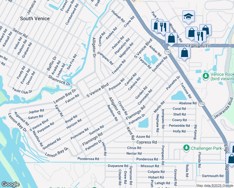 map of restaurants, bars, coffee shops, grocery stores, and more near 4520 Crystal Road in Venice