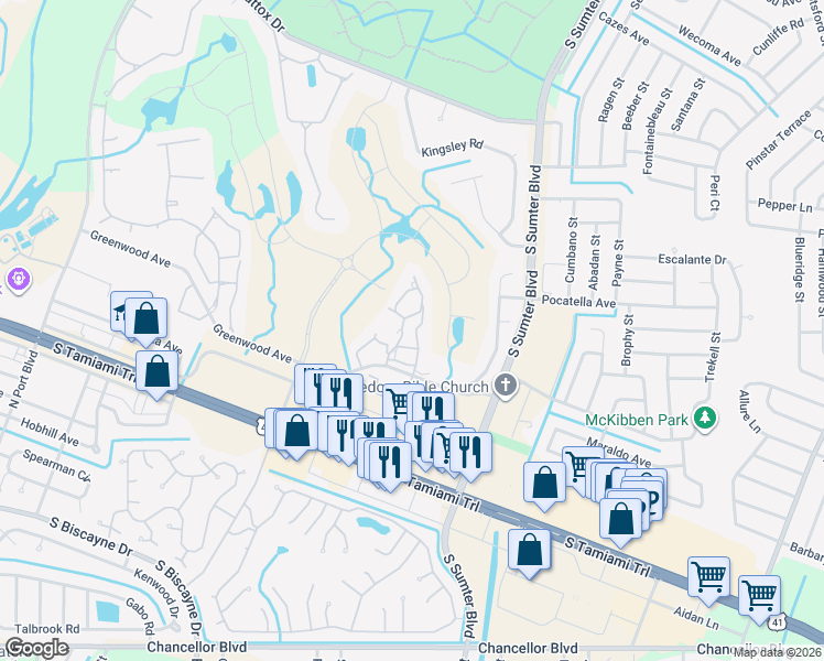map of restaurants, bars, coffee shops, grocery stores, and more near 5748 Niblick Place in North Port