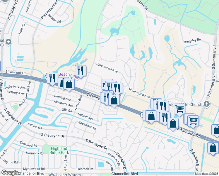 map of restaurants, bars, coffee shops, grocery stores, and more near 5701 Espanola Avenue in North Port