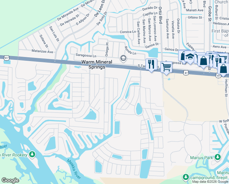 map of restaurants, bars, coffee shops, grocery stores, and more near 303 Marlette Drive in North Port