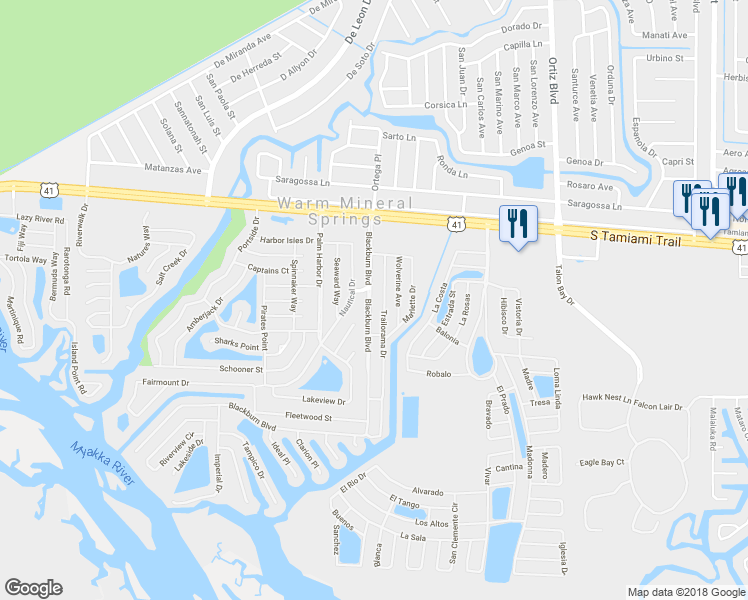 map of restaurants, bars, coffee shops, grocery stores, and more near 223 Blackburn Boulevard in North Port
