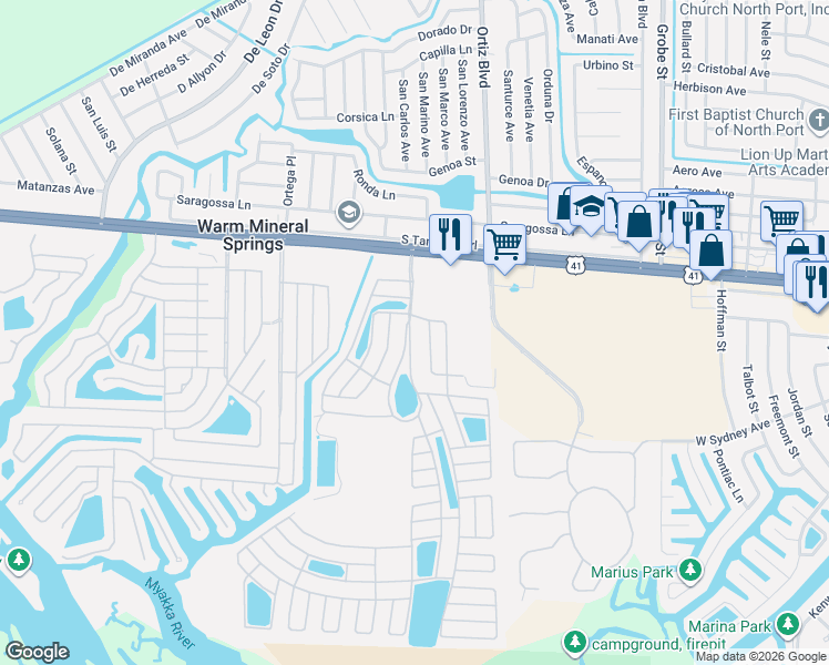 map of restaurants, bars, coffee shops, grocery stores, and more near 229 El Prado in North Port