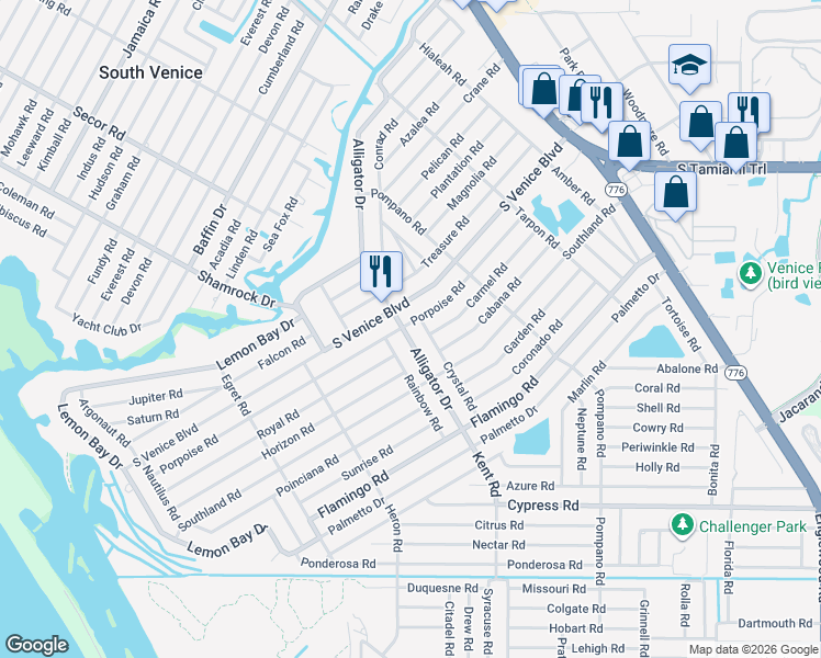 map of restaurants, bars, coffee shops, grocery stores, and more near 4431 Alligator Drive in Venice
