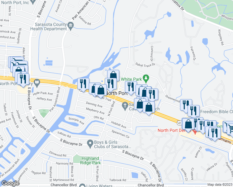 map of restaurants, bars, coffee shops, grocery stores, and more near in North Port