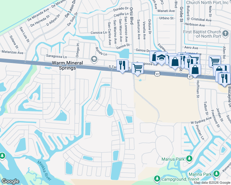map of restaurants, bars, coffee shops, grocery stores, and more near 229 El Prado in North Port
