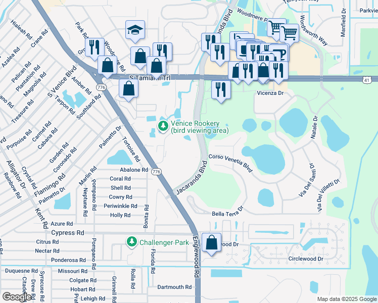 map of restaurants, bars, coffee shops, grocery stores, and more near 2901 Jacaranda Boulevard in Venice