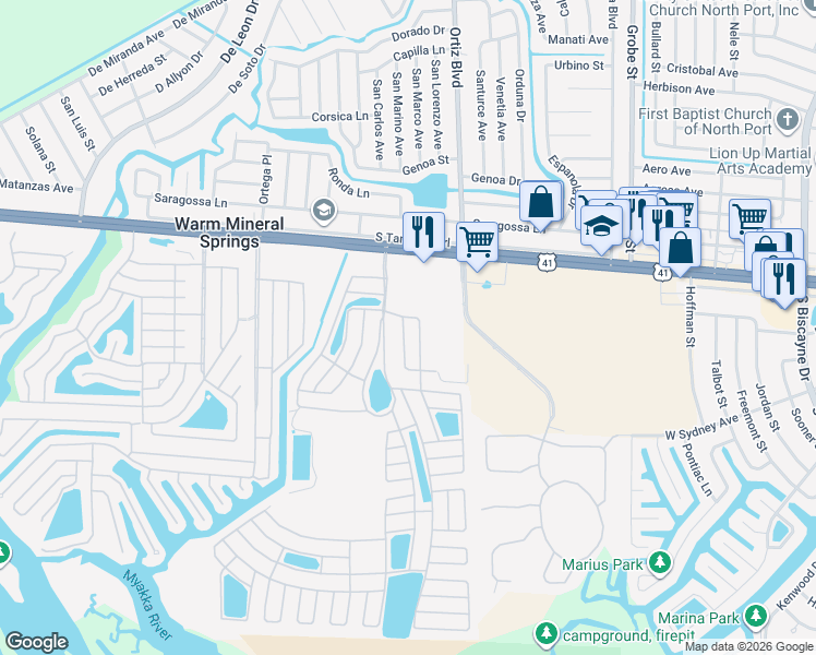 map of restaurants, bars, coffee shops, grocery stores, and more near 250 Vistoria Drive in North Port