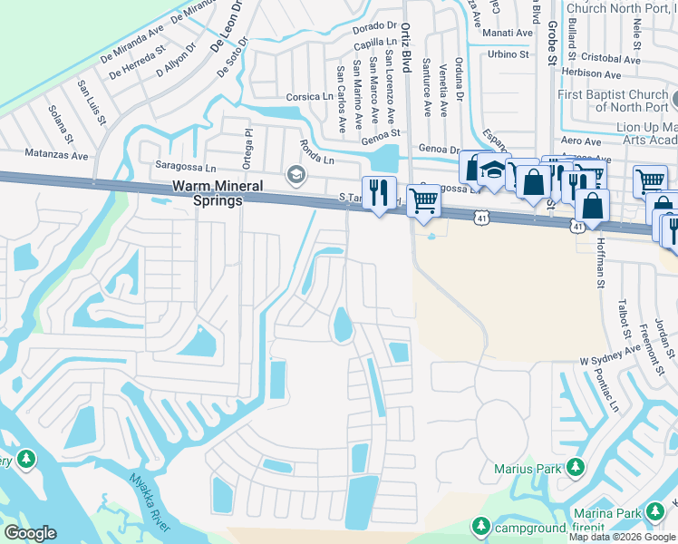 map of restaurants, bars, coffee shops, grocery stores, and more near 229 El Prado in North Port