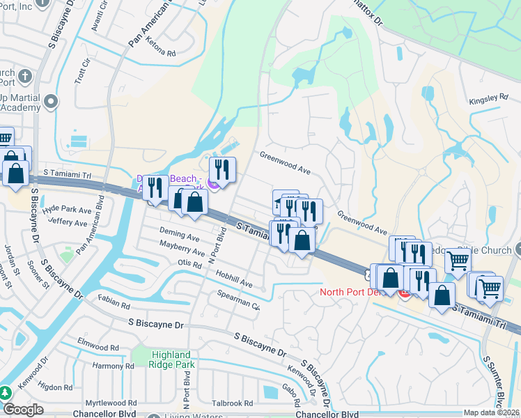 map of restaurants, bars, coffee shops, grocery stores, and more near 14375 East North Highway Drive in North Port