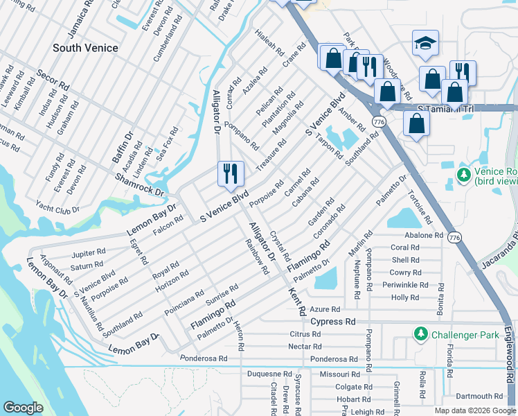 map of restaurants, bars, coffee shops, grocery stores, and more near 640 Porpoise Road in Venice