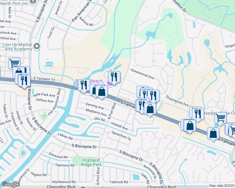 map of restaurants, bars, coffee shops, grocery stores, and more near in North Port