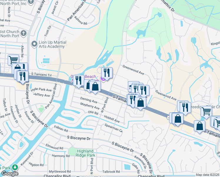 map of restaurants, bars, coffee shops, grocery stores, and more near in North Port