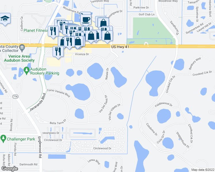 map of restaurants, bars, coffee shops, grocery stores, and more near 4475 Via Del Villetti Dr in Venice