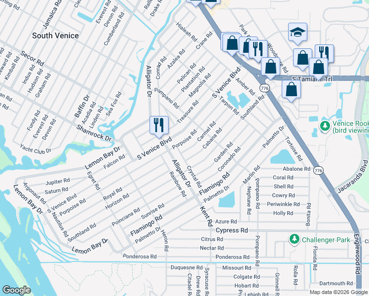 map of restaurants, bars, coffee shops, grocery stores, and more near 640 Porpoise Road in Venice
