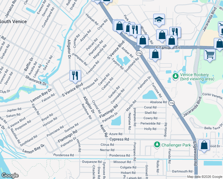 map of restaurants, bars, coffee shops, grocery stores, and more near 4428 Pompano Road in Venice