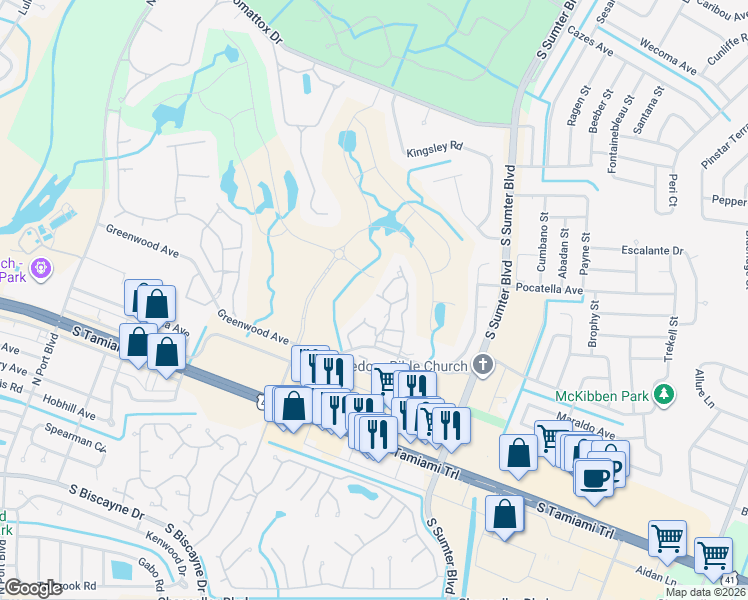 map of restaurants, bars, coffee shops, grocery stores, and more near 5557 Brassy Circle in North Port